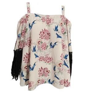 voom by joy han off the shoulder lace sleeve floral print blouse size m